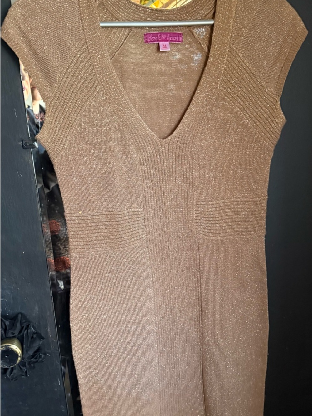 Vintage Derek Heart Shimmery Gold V-Neck Knit Dress M